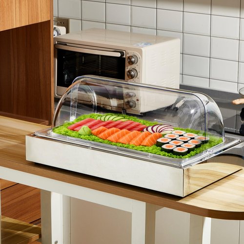 Uiifan Salad Bar Buffet Station for Home, Ice Food Serving Display Tray with Clear Roll Top Cover, Cold Food Buffet Server Trays with Clamps Spoons Ice Box for Restaurant Kitchen Party(Classic)