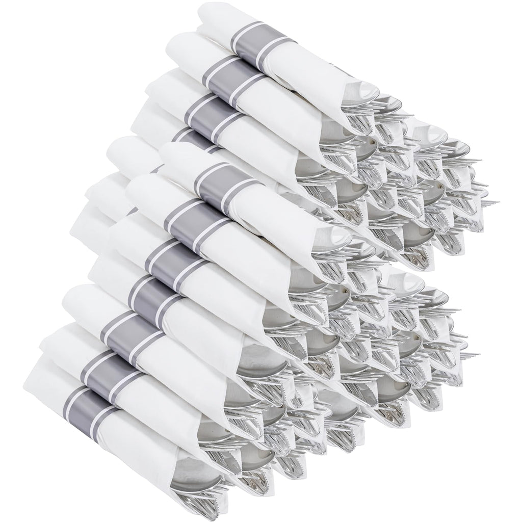 Joyido 400PCS Pre Rolled Silver Plastic Silverware Sets - Heavy Duty Silver Cutlery - Include 100 Pack Wrapped Disposable Utensils with Napkins for Parties & Dinners & Weddings