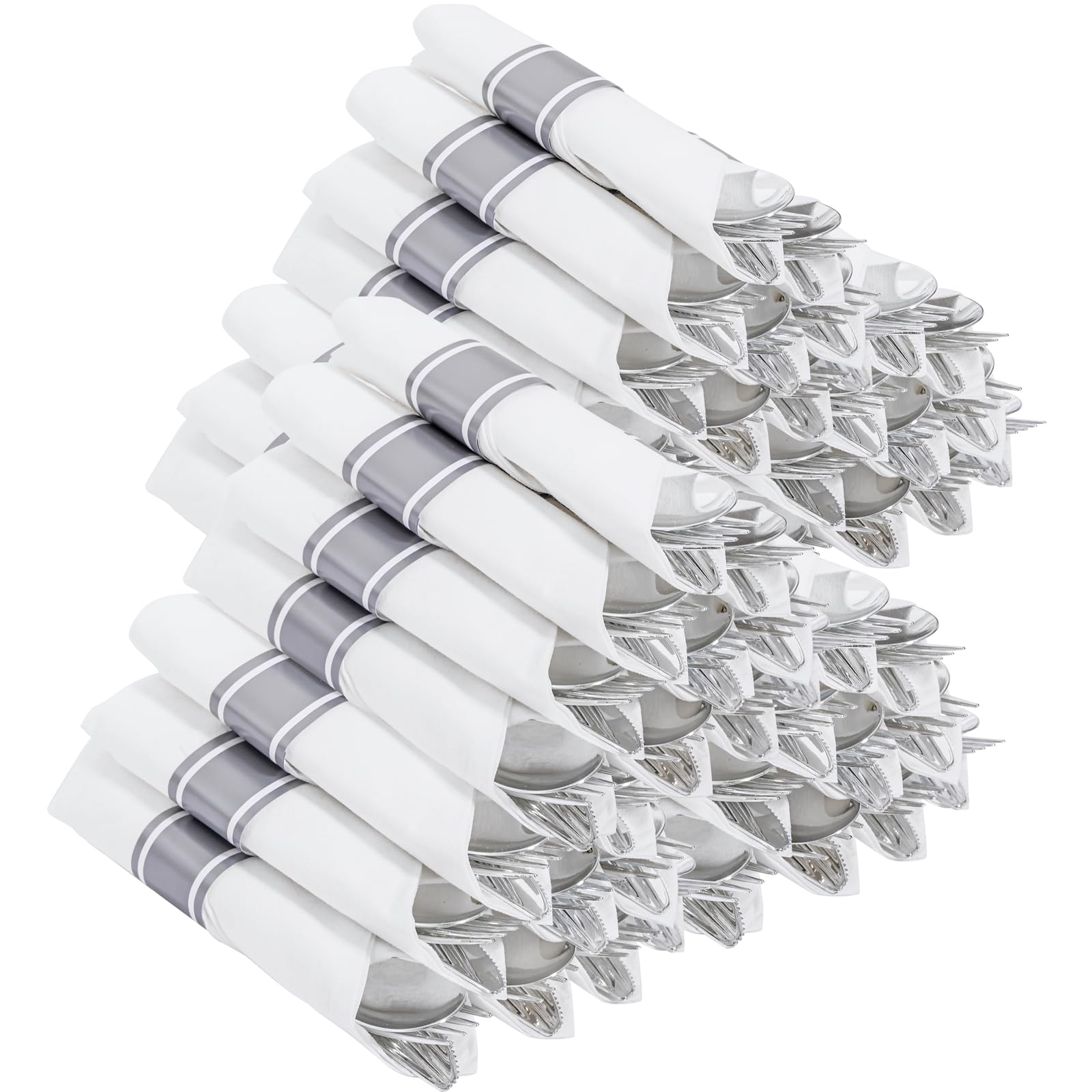 Joyido 400PCS Pre Rolled Silver Plastic Silverware Sets - Heavy Duty Silver Cutlery - Include 100 Pack Wrapped Disposable Utensils with Napkins for Parties & Dinners & Weddings