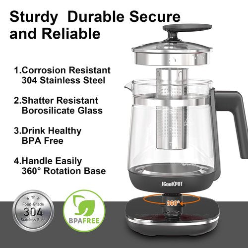 ICOOKPOT Glass Electric Kettle with Tea Infuser – 1.5L Stainless Steel, 1200W Rapid Boil, Temp & Programmable Control for Teas/Coffee – Black