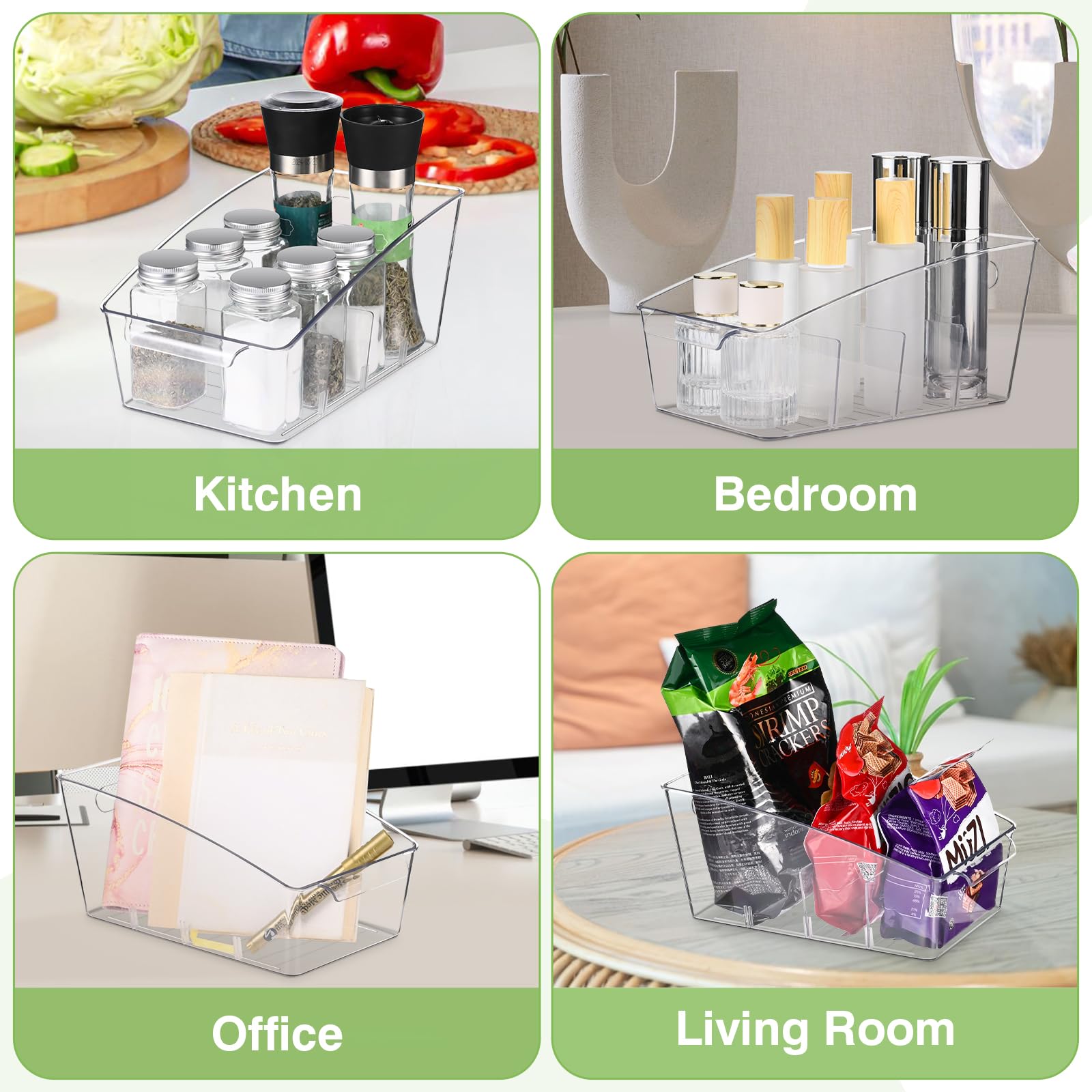 Hiitytin 4 Pack Clear Pantry Organizer Storage Bins Removable Snack Organizer Plastic Cabinet Organizers Racks with 3 Dividers, Refrigerator Bins, Kitchen Storage