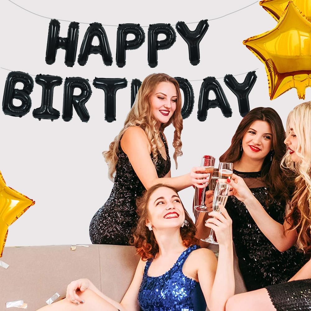 TONIFUL Black Happy Birthday Balloons Banner - 16 Inch Mylar Foil Letters for 30th, 40th, 50th, 60th Celebrations | Reusable Party Decor