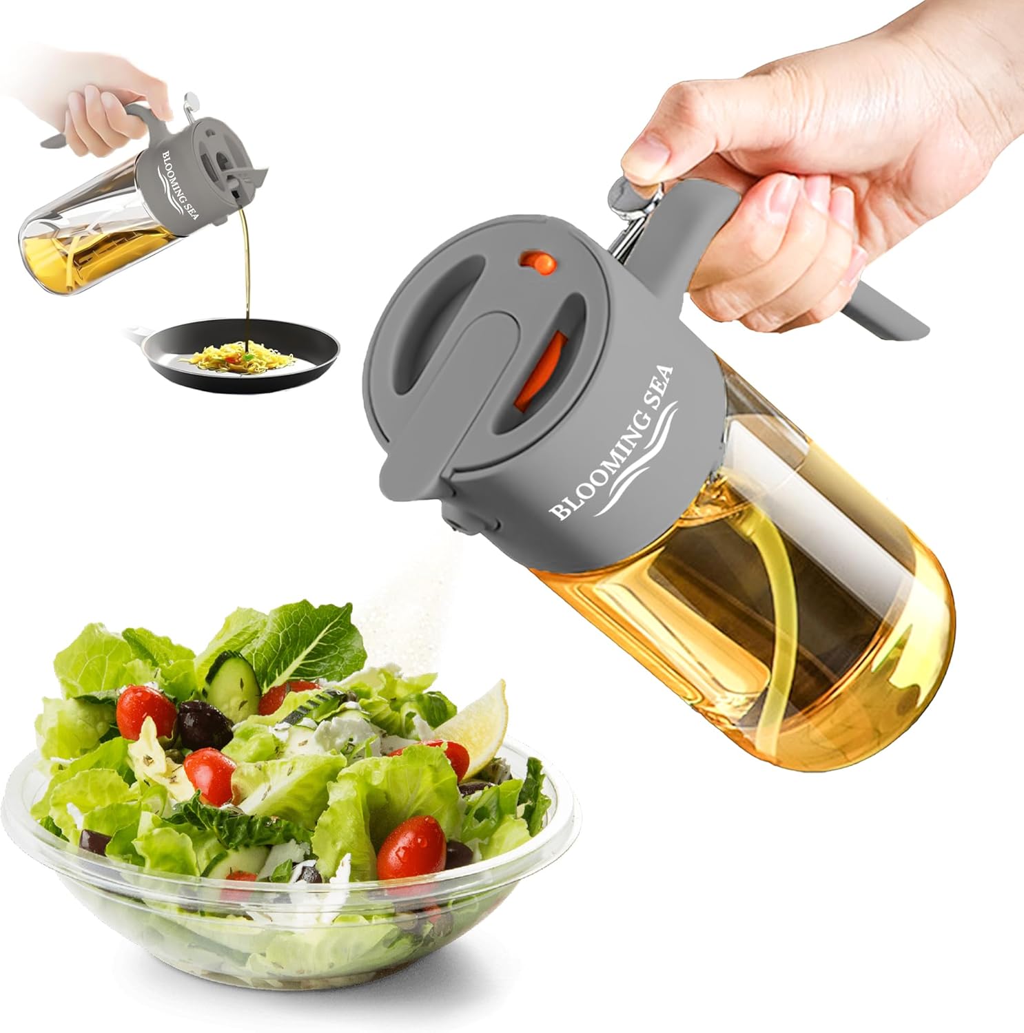 Skiennix 2-in-1 Oil Sprayer & Dispenser - 550ml Glass Olive Oil Bottle, BPA-Free, Leakproof, Gray