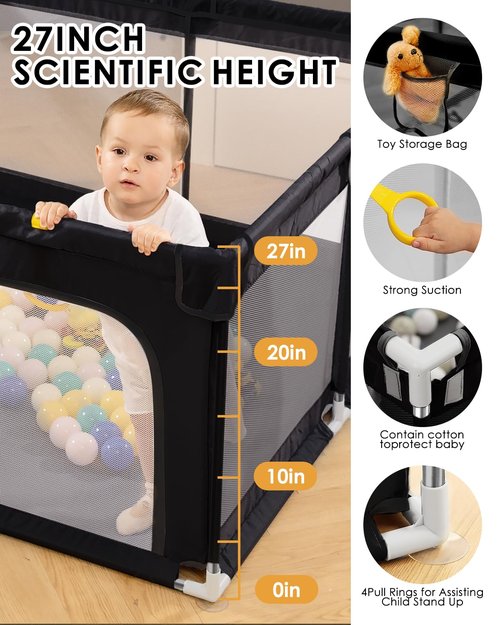 dearlomum Baby Playpen with Non Removable Mat, Extra Large Play Yard for Babies & Toddlers, Portable Travel Playpen, Baby Activity Center for Indoor & Outdoor Use (Black 59"×71")