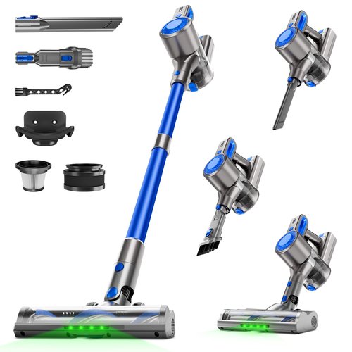 Honki Cordless Vacuum Cleaner for Home, Powerful Stick Vacuum with Rechargeable Battery, Green Light Anti-Tangle Brush, 6-in-1 Lightweight Handheld Vacuum for Pet Hair, Hard Floor, Carpet, Blue