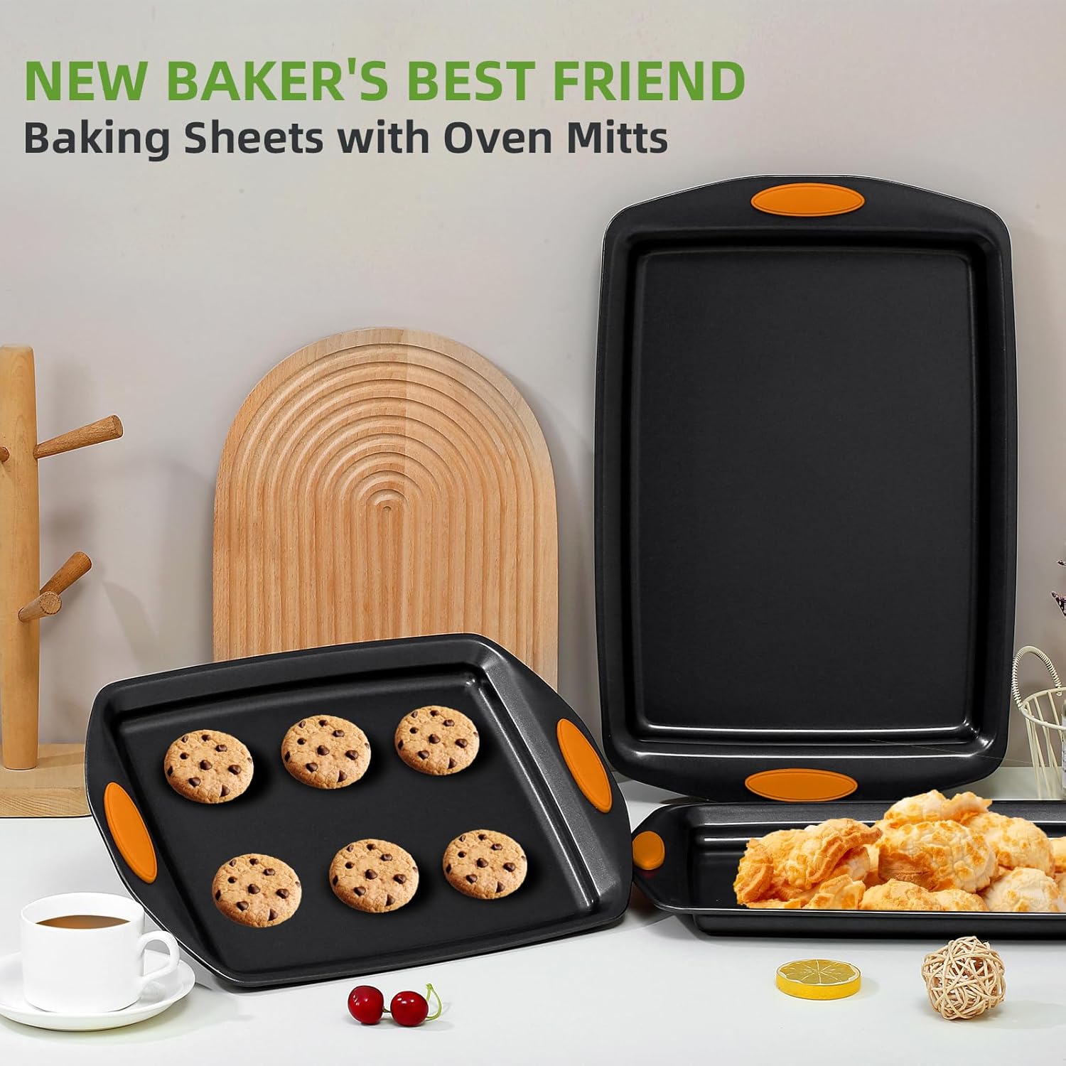 Skiennix 5-Piece Nonstick Baking Pans Set - Premium Carbon Steel Bakeware with Red Silicone Handles | Black & Orange