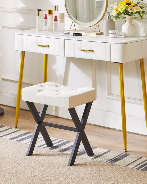 IBUYKE U-Shaped Linen Vanity Stool, Square Makeup Chair with X-Leg, Ottoman Seat Footrest Stool, Multi-Use as Small Side Table, for Bedroom, Living Room, Linen WBD018Y