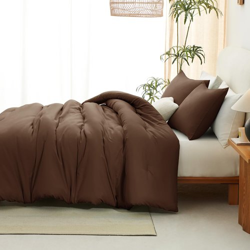 CozyLux Queen Comforter Set Brown, 3 Pieces Solid Breathable Quilted Style Bedding Sets, Luxury Fluffy Soft Bed Set with Down Alternative Comforter for All Season (1 Comforter & 2 Pillowcases)