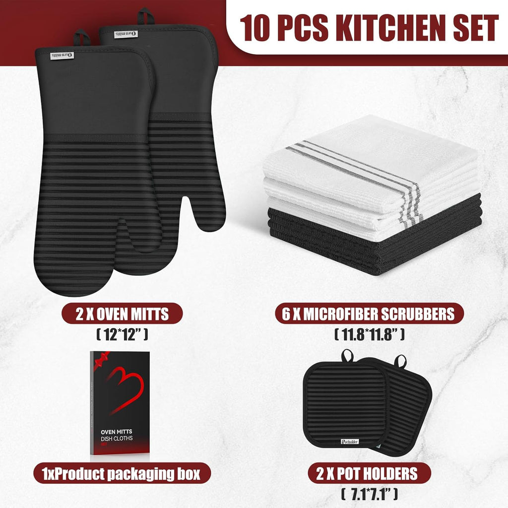 Skiennix Oven Mitts and Pot Holder Set - 500°F Heat Resistant Silicone Grip | 6 Pack Cotton Dish Towels - Black Kitchen Essentials