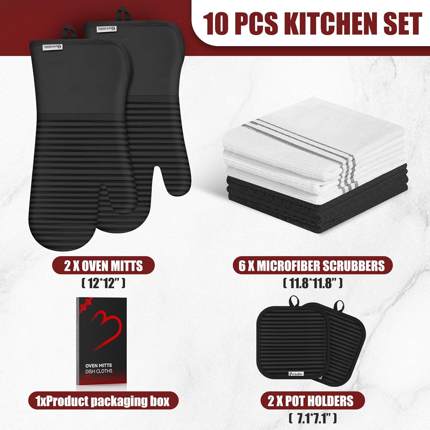 Skiennix Oven Mitts and Pot Holder Set - 500°F Heat Resistant Silicone Grip | 6 Pack Cotton Dish Towels - Black Kitchen Essentials