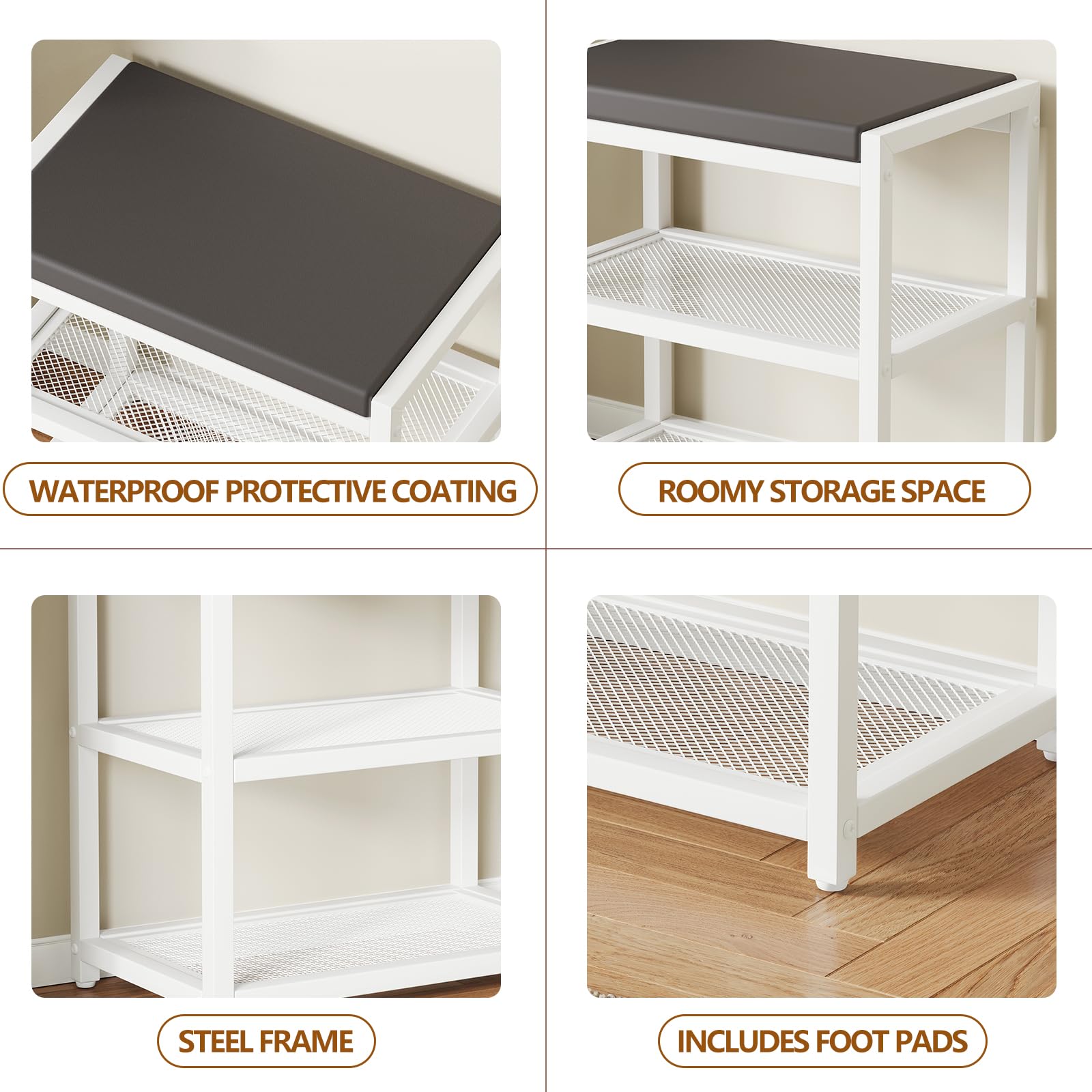 Small Shoe Bench Shoe Rack Storage Bench Entryway Bench Shoe Shelf with Seat Cushion, Stable Shoe Organizer for Entryway, Living Room, Bench Seat Holds Up to 300 lb, (18"L x 12"W x 17"H, White)