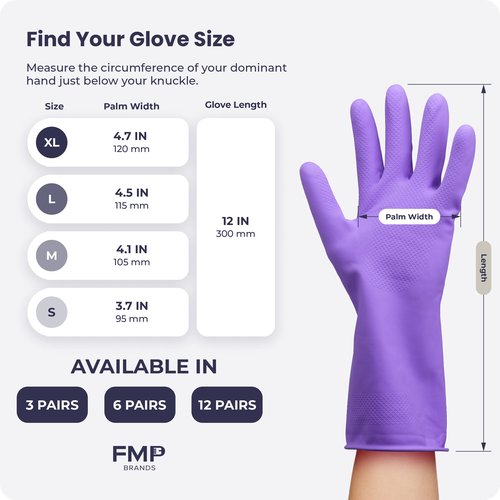 FMP Brands Cleaning Gloves - 12 Pairs Non-Slip, Waterproof Reusable Latex Dish Gloves for Kitchen, Bathroom, Household, Gardening (Medium, Purple)
