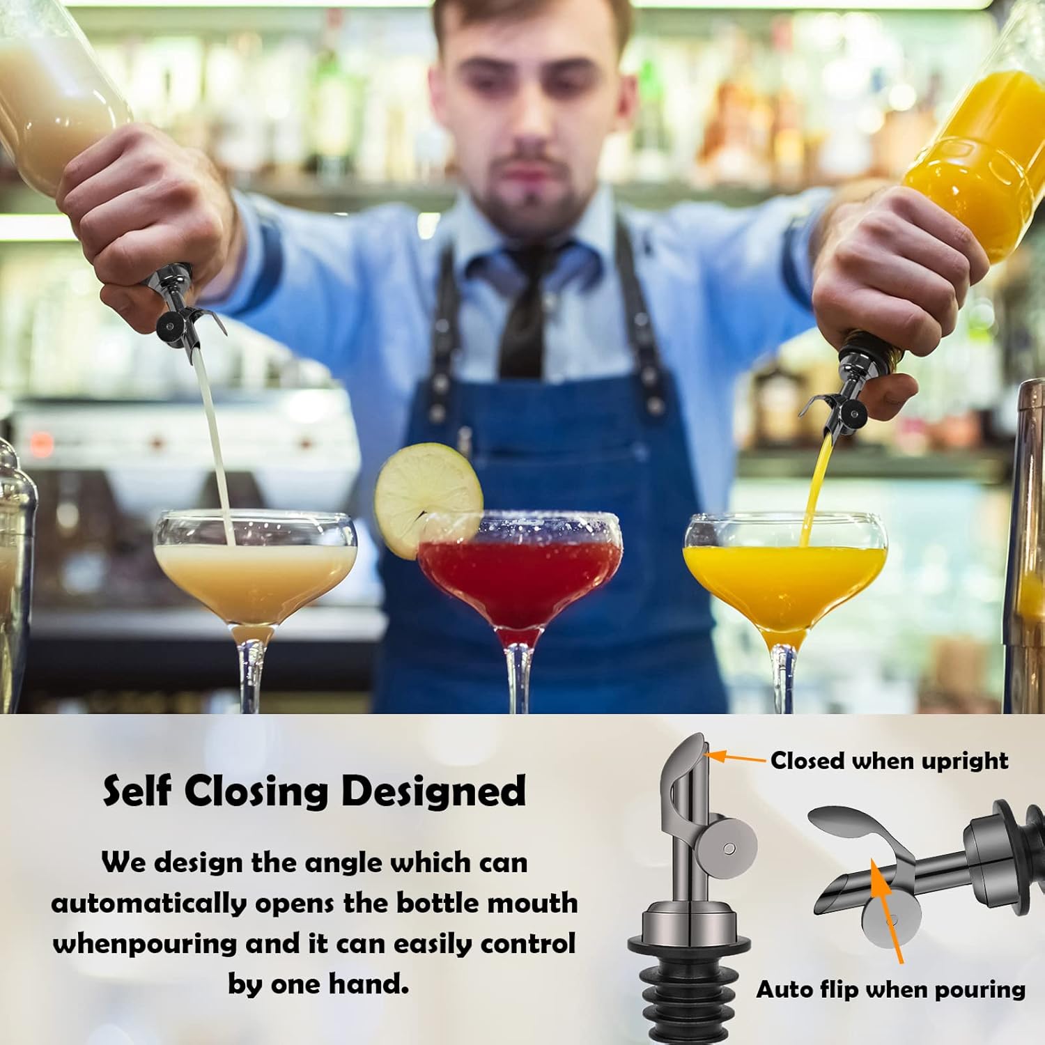 Weighted Stainless Steel Bottle Pourers, Auto Flip Feature Self Closing Olive Oil Dispenser Spout with 1 Cleaning Brush, Liquor Pour Spouts for Pours Liquid, Olive Oil, Wine, Vinegar (Black)