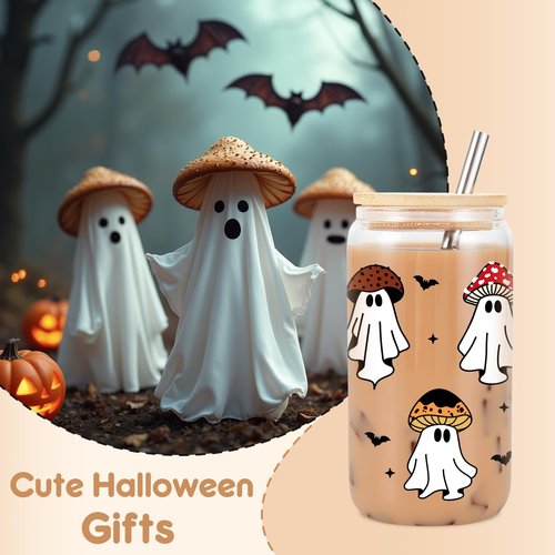 Fairy's Gift Ghost Mushroom Halloween Cup, Spooky Mushroom Ghost Iced Coffee Glass Tumbler, 16 oz Cute Cups with Lids Straws, Boo Basket Stuffers, Spooky Halloween Gifts for Women Teens, Fungi Lovers