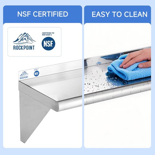 ROCKPOINT Stainless Steel Shelf 12 x 30 Inches 280lb, 2 Pack NSF Metal Commercial Shelves Wall Mount Floating Shelving with Backsplash for Restaurant, Kitchen, Home and Hotel, Silver