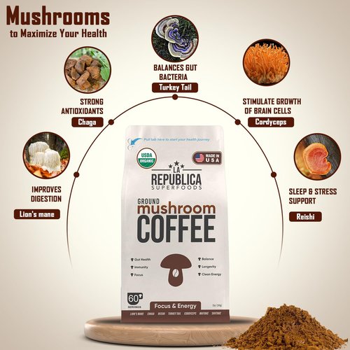 La Republica Organic Mushroom Coffee Ground 2-Pack (120 servings) made w/Shade Grown Arabica Coffee Beans, Lion's Mane, Reishi, Chaga, Cordyceps, Turkey Tail & More I USDA Non-GMO Fairtrade Low Acid