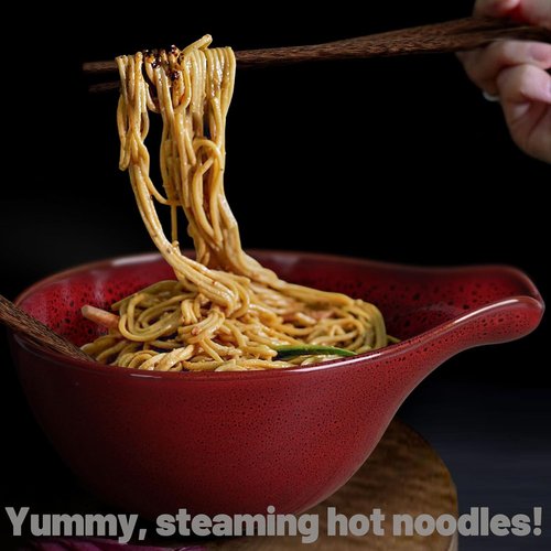 Artena Ramen Bowl Set - 42oz Ceramic Noodle Bowl with Chopsticks | Dishwasher & Microwave Safe, Red Gourd Design