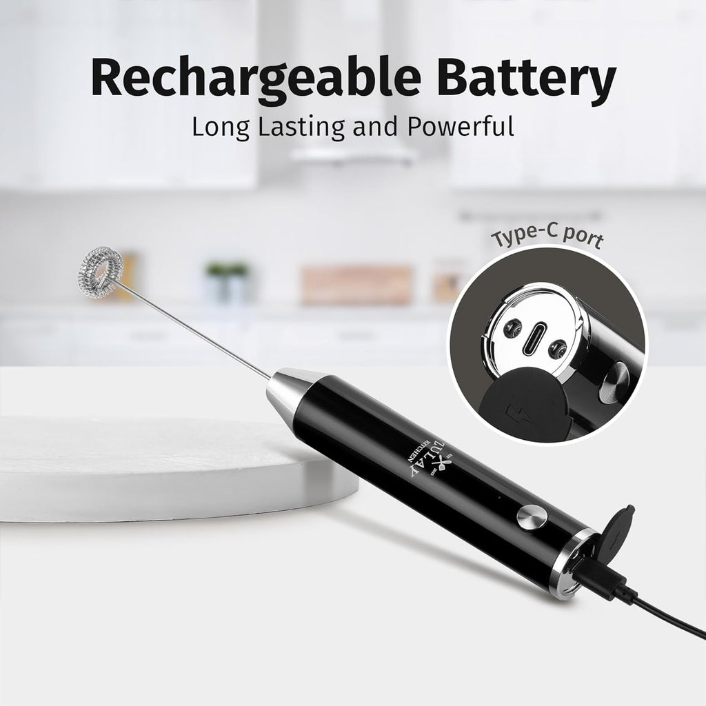 Zulay Kitchen Rechargeable Milk Frother Handheld Lux - Powerful 2-Speed Motor, Waterproof, 2000mAh Battery - Drink Mixer for Latte, Cappuccino, Matcha & Protein Powder - Obsidian Black