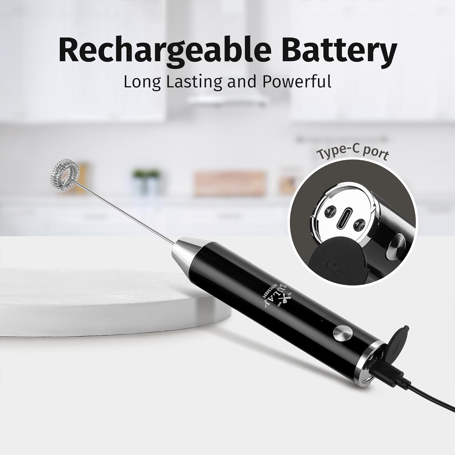 Zulay Kitchen Rechargeable Milk Frother Handheld Lux - Powerful 2-Speed Motor, Waterproof, 2000mAh Battery - Drink Mixer for Latte, Cappuccino, Matcha & Protein Powder - Obsidian Black
