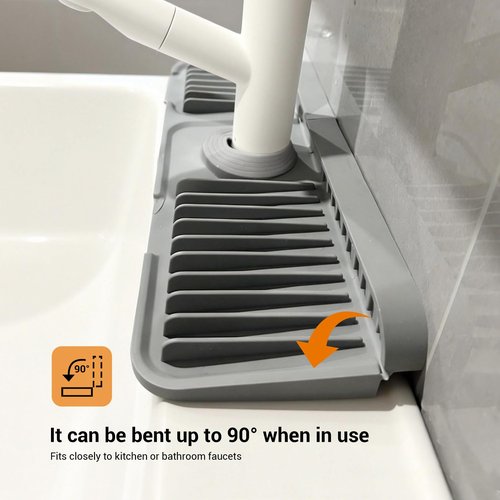ZJWZLG Faucet Mat for Kitchen Sink, 17.7"X5.5" Silicone Sink Splash Guard with Soap Holder, Snap-On Design & 7°slope Fast Drain, Folding Sink Faucet Mat for Universal Kitchen Bathroom Sink（Grey）
