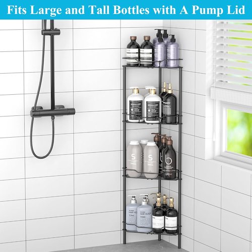 HuggieGems Corner Shower Caddy Organizer - 4 Tier Floor Standing Shelf Rack with Hooks, Matte Black