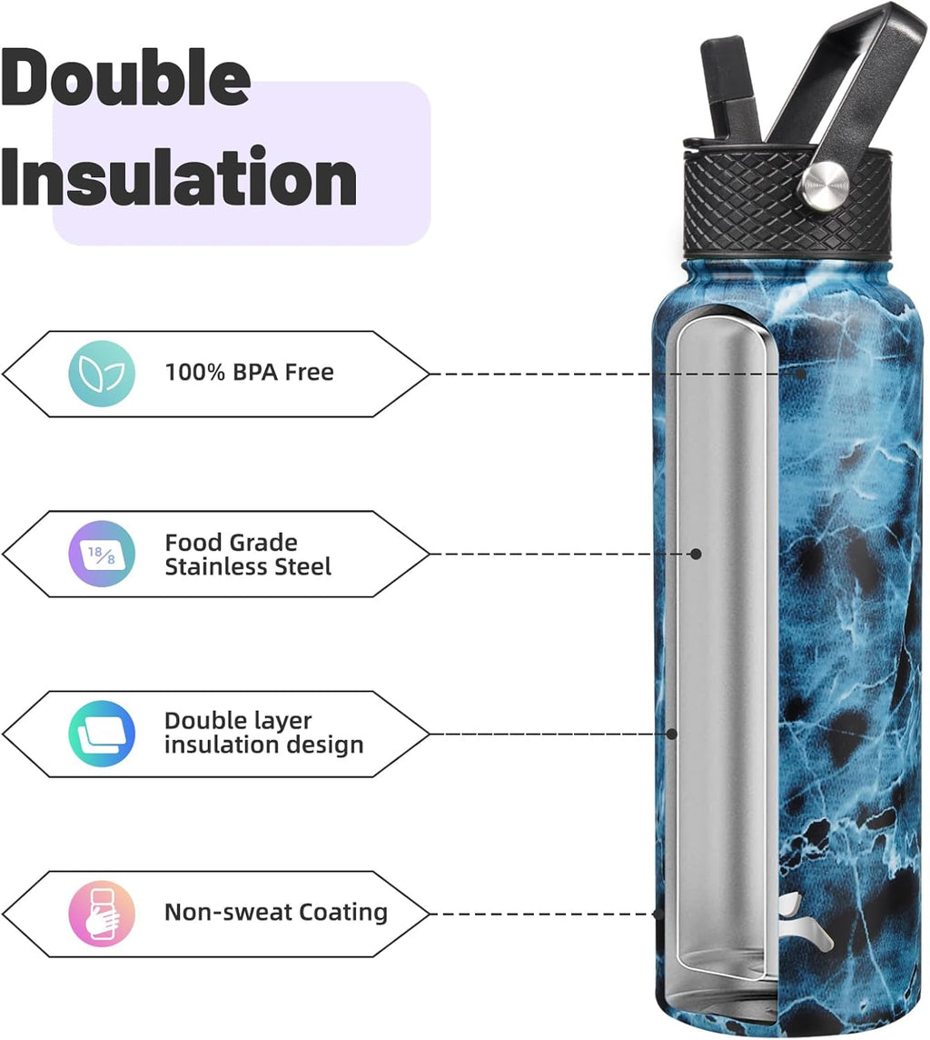 Skiennix 40oz Insulated Water Bottle - Stainless Steel Sport Bottle with 3 Lids | Marble Ocean Design
