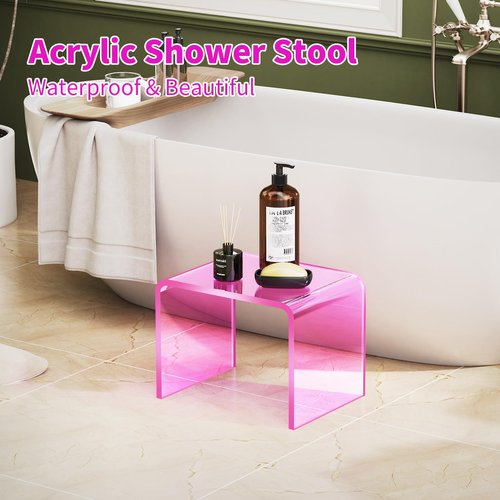 Dewrhiixe Acrylic Step Stool Small Stool,Clear Acrylic Foot Stool for Bathroom Bedroom Kitchen with Non-Slip,Holds Up to 250lbs Pink (with Non-Slip, 12.6'' x 9'' × 9.8'')