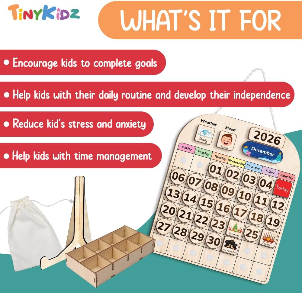 TinyKidz Wooden Calendar - Educational Toddler Calendar for Home & Classroom | Months & Days Learning Tool