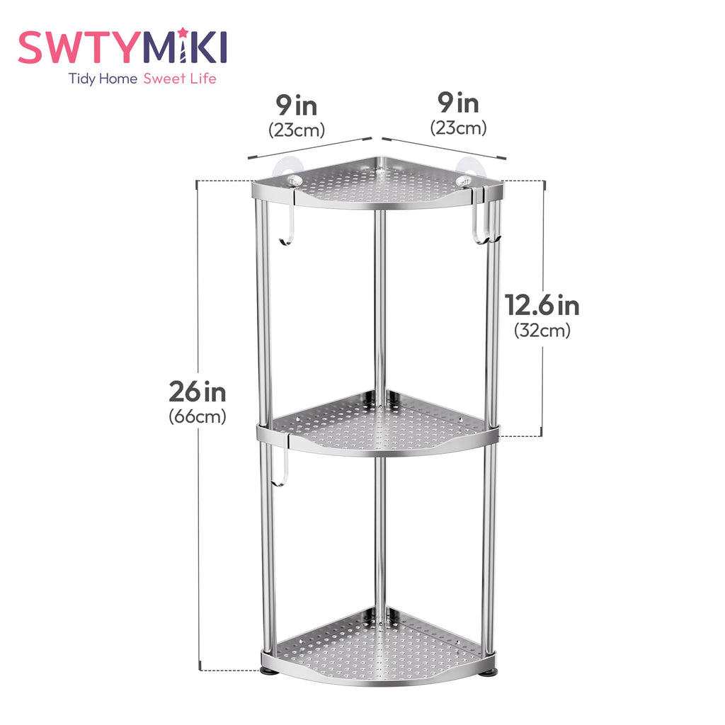 SWTYMIKI Corner Shower Caddy Standing - 3 Tier Stainless Steel Shower Organizer Stand, Large Capacity Floor Shelf with 4 Hooks, Rustproof Bathroom Storage Rack,Silver
