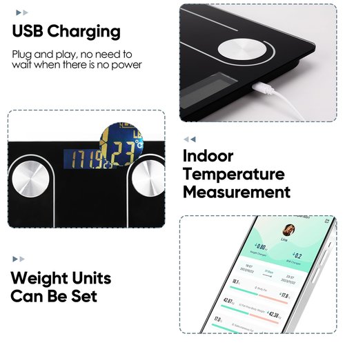 YPENSLZX Digital Simple Scale with Led Display Practical Body Fat Scale, Bathroom Scale with Smartphone App (Black)