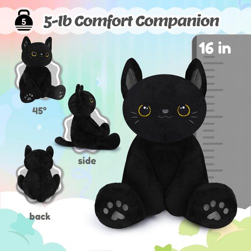 BRICHOEE Weighted Stuffed Animals, 5lbs Black Cat Plush Calming Weighted Black Cat Stuffed Animals, Cute Plush Toy Sensory Plushie Pillow Birthday Gifts for Adults Baby Kids Boys Girls