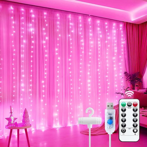 Minetom 300 LED Curtain Lights - Dimmable Fairy Lights with Remote & Timer | USB Powered Pink Indoor Decor