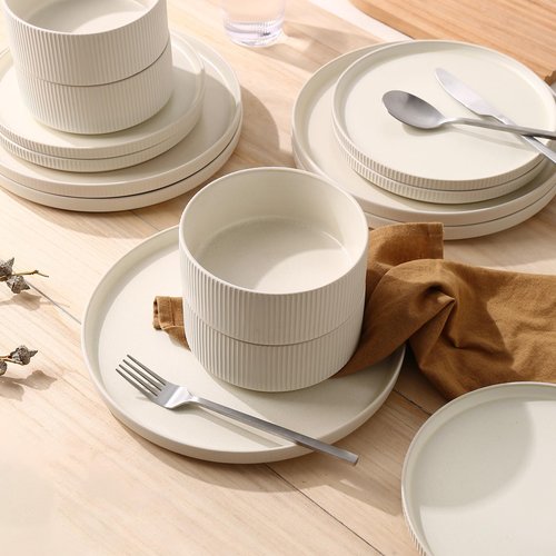 MONITO Ceramic Dinnerware Sets for 4, 12PCS Stoneware Plates and Bowls Sets, Reactive Glaze Dish Set, Chip and Scratch Resistant Double, Microwave and Dishwasher Safe, Matte White