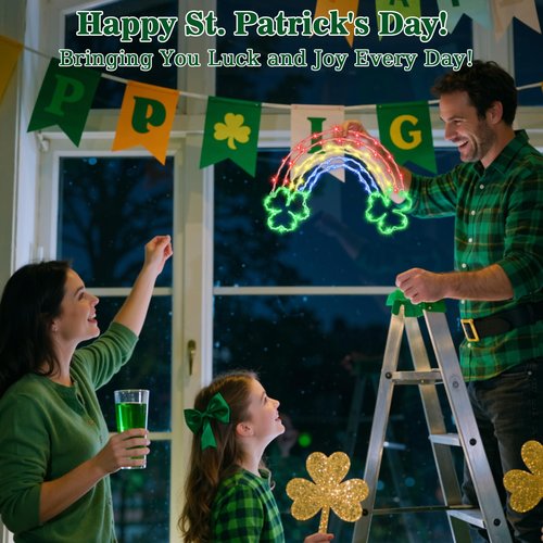 Lewondr St Patricks Day Decorations, 68LEDs Rainbow Window Lights USB Operated with Remote 8 Modes, St Patricks Day Party Decor Silhouette Lights, 1 Pack