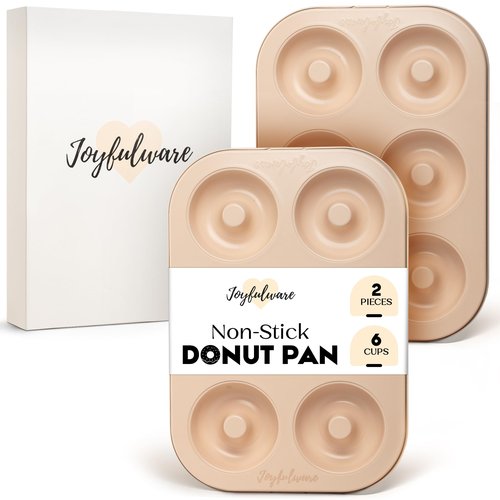 Joyfulware Donut Pan for Baking - Set of 2 Non-stick Donut Pans - Carbon Steel Doughnut Pan - 6 Cavity Full-Sized Donut Molds for Baking - Trendy Beige Donut Baking Pan