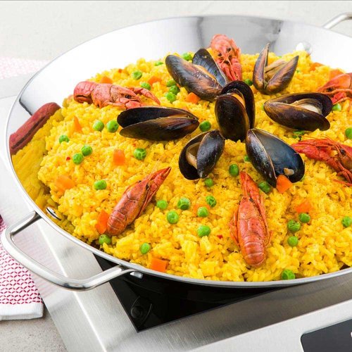 Restaurantware 13.5 Inch Spanish Paella Pan 1 Induction Ready Paella Pan - Heavy-Duty Riveted Handles Silver Stainless Steel Spanish Pan Dishwasher-Safe Paella Cookware For Homes or Restaurants