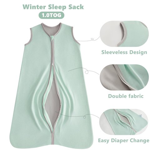 TILLYOU Baby Sleep Sack 0-6 Months, 1.0 Tog Soft Double Zipper Sleeping Sack Wearable Blanket, Green