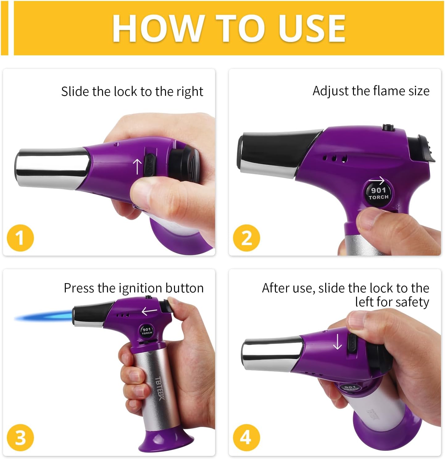 TBTEEK Butane Torch T901 - Adjustable Flame Kitchen Torch with Safety Lock for Cooking & BBQ | Purple