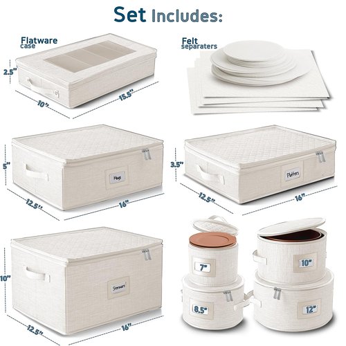 Fine China Storage Containers, 8 Piece Quilted Dish Storage Containers for Flatware & Utensil, Mug, Platter and Wine Glass with Felt Dividers, Durable Dinnerware Dish Organizers for Moving, Cream