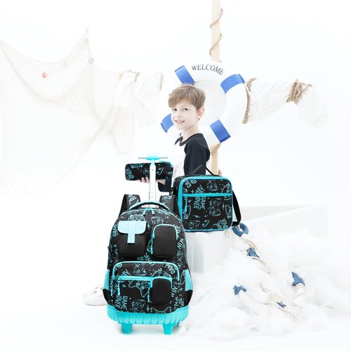 Meetbelify Boys Rolling Backpack with Wheels Kids Travel Luggage with Lunch Box Pencil Case for Elementary Students 18inch Carry on Suitcase for Boys Ages 8-10