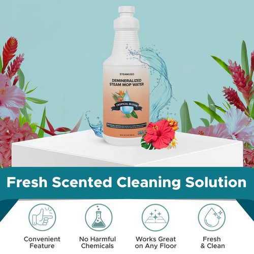 Steam & Go Demineralized Water for Steam Cleaner - PVC-Free Floor Cleaning Solution Compatible for All Steam Mops - Multi-Surface Cleaner for Home Surfaces - Tropical Bloom Scent, 32 oz