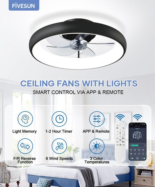 Fivesun Ceiling Fans with Lights and Remote, 20" Modern Low Profile Ceiling Fan with Light, 2700K-7000K Stepless Dimming Fandelier Flush Mount Led Fan Light and 6 Wind Speeds for Bedroom(Black)