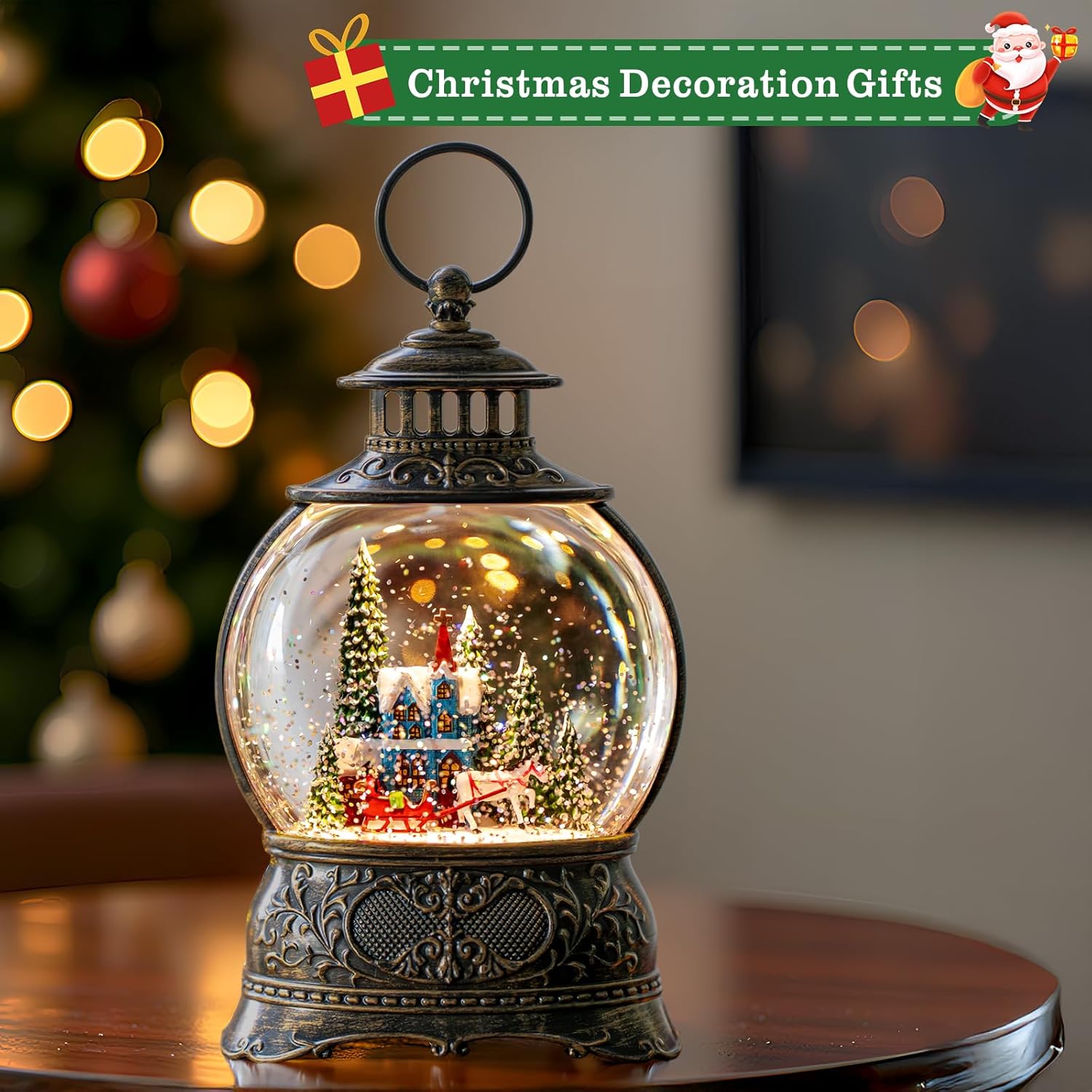 Regine Switzerland Christmas Snow Globe - Musical Water Lantern with Carriage & Blue Church | 6-Hour Timer, USB/Battery Operated