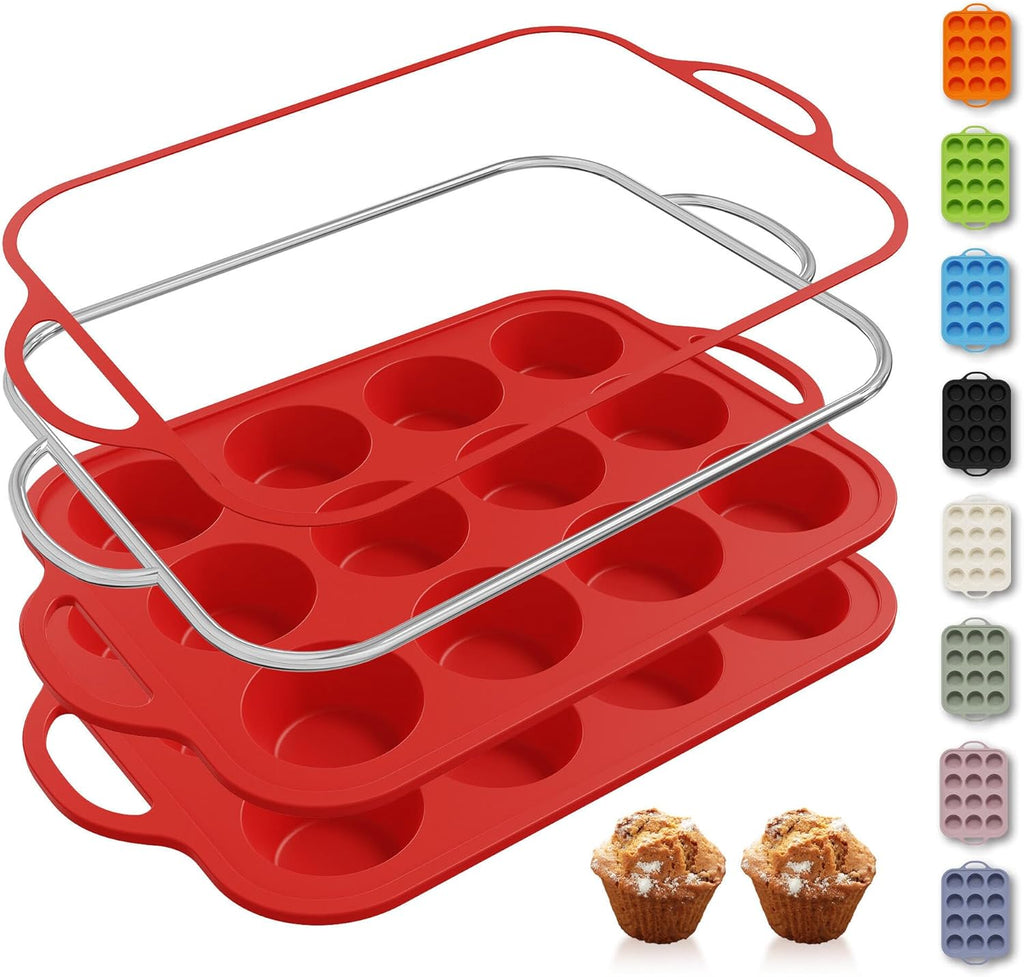 Skiennix Silicone Muffin Pan Set - 12 Cups with Metal Reinforced Frame | Oven & Dishwasher Safe