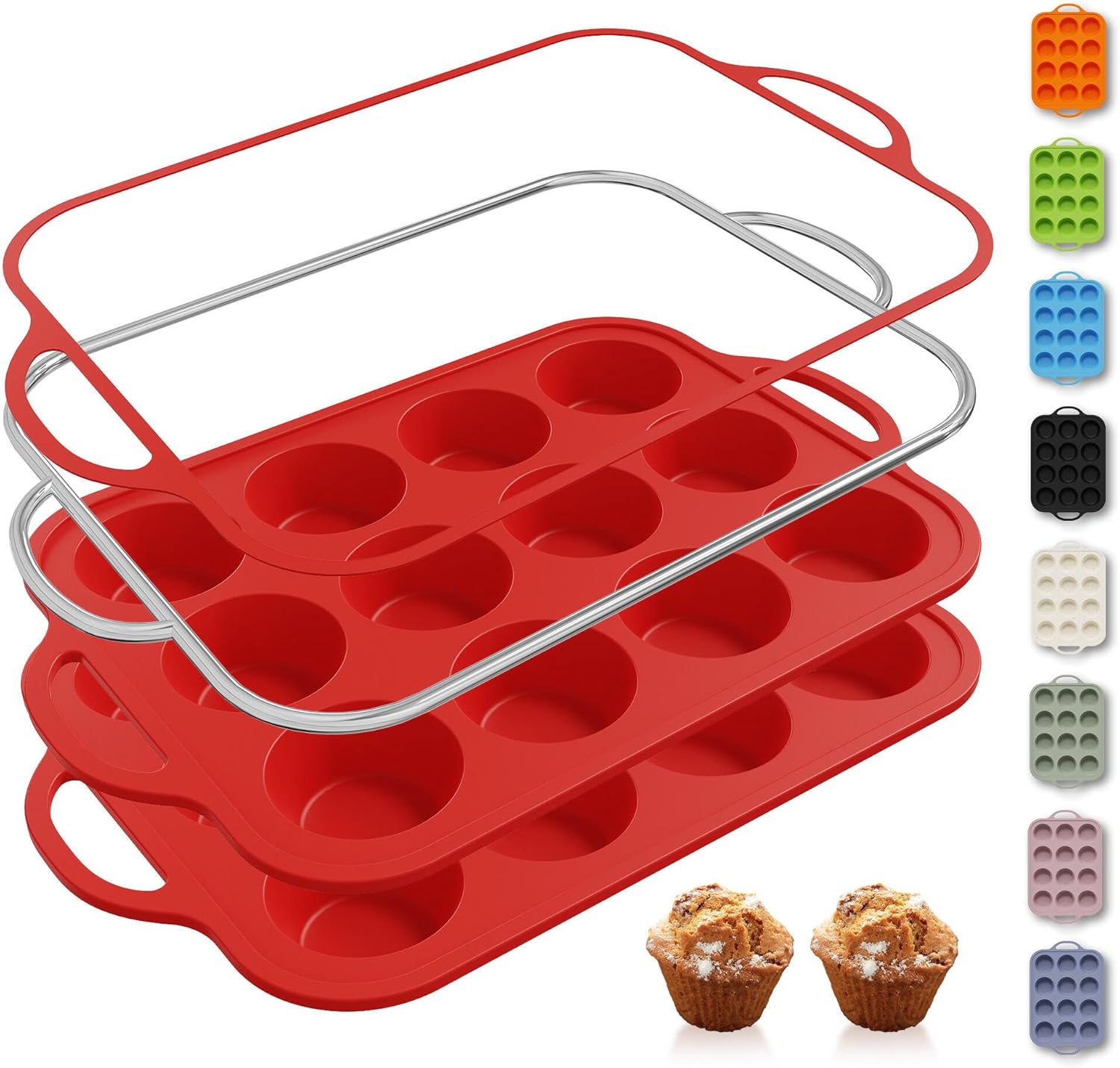 Skiennix Silicone Muffin Pan Set - 12 Cups with Metal Reinforced Frame | Oven & Dishwasher Safe