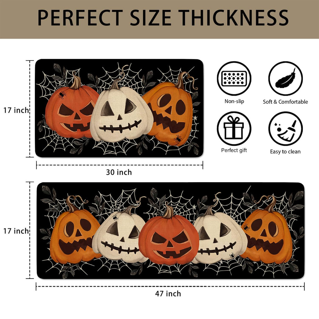 Faptoena Halloween Kitchen Rugs Set of 2,Black Pumpkin Spider Web Kitchen Mats for Floor, Halloween Non-Slip Washable Sink Mats Home Decor Doormat+Runner Rug