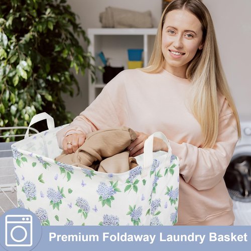 FYSUIMU Blue Floral Nursery Basket Spring Hydrangea Flower Collapsible Storage Box Waterproof Canvas Storage Bin with Handle Girly Gift Toy Box Bin for Baby Shower Bedroom Home Decor