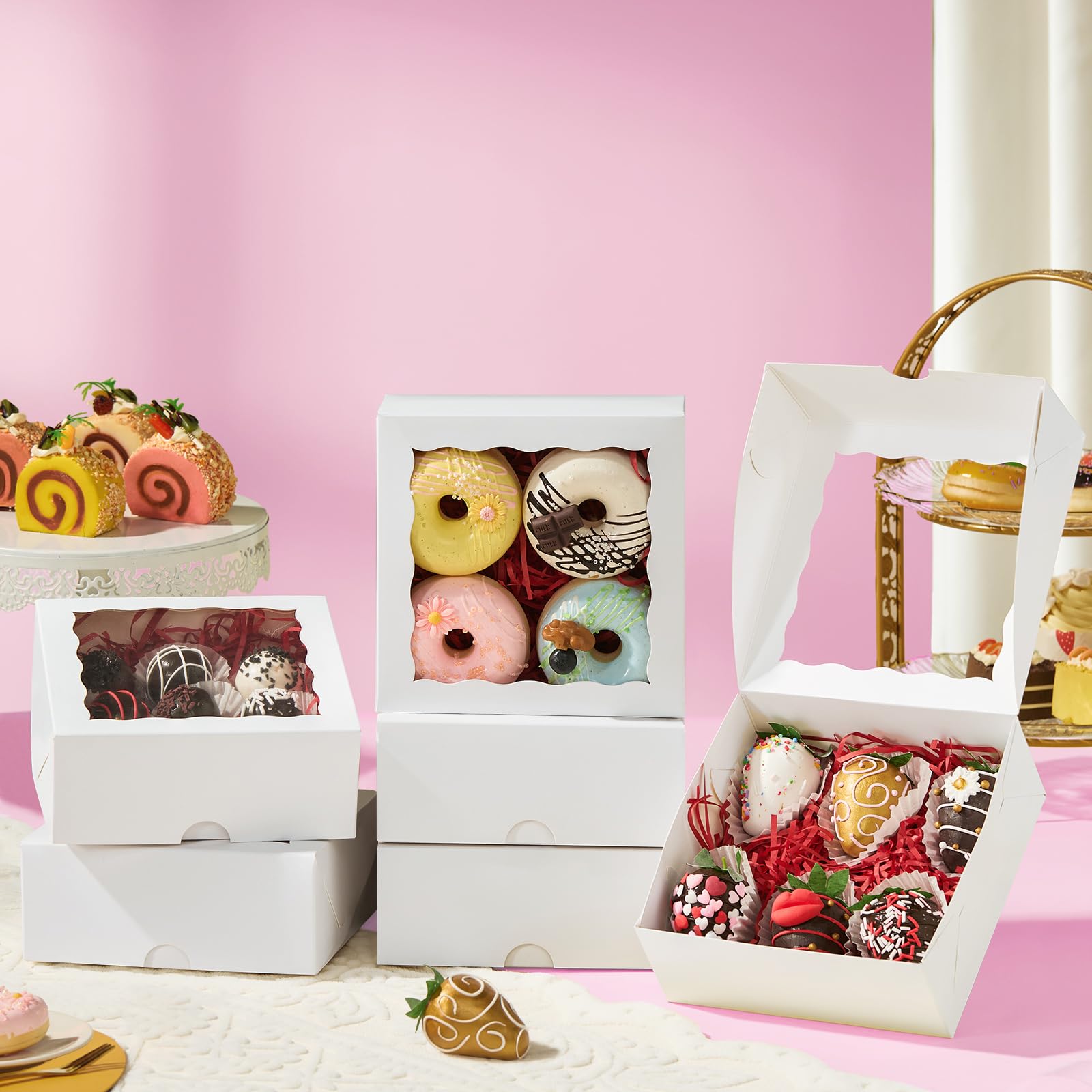 SLShePack 20pcs 6"x6"x2½ White Bakery Boxes with Window Cookie Boxes Small Cake Boxes Macaron Boxes Pie Boxes Truffle Chocolate Boxes