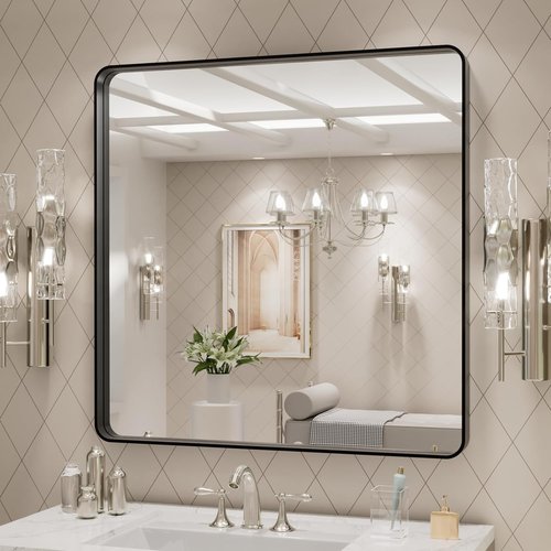 LOAAO Black Metal Framed Bathroom Mirror - 30x30 Inch Matte Black Rounded Rectangle, Anti-Rust, Versatile Hanging Options