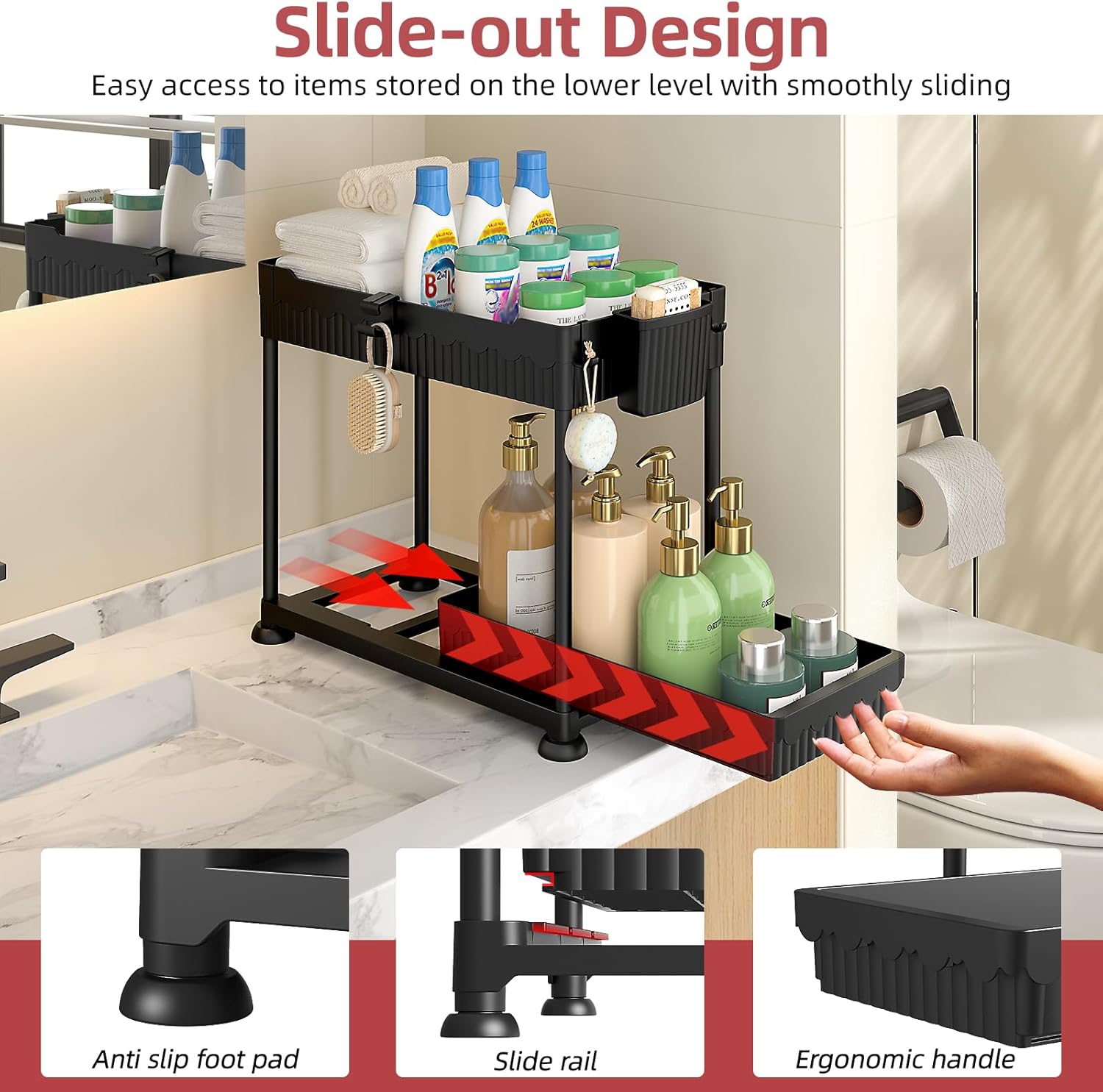Sevenblue Under Sink Organizer - 2 Tier Multi-Use Pull Out Cabinet Storage with Hooks & Cups | Black, 4 Pack